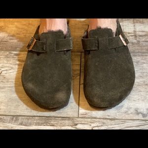 Brown Birkenstock suede clogs